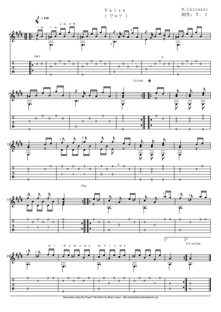 カルカッシ(M.Carcassi)作曲のワルツ(Waltz)のタブ譜・楽譜