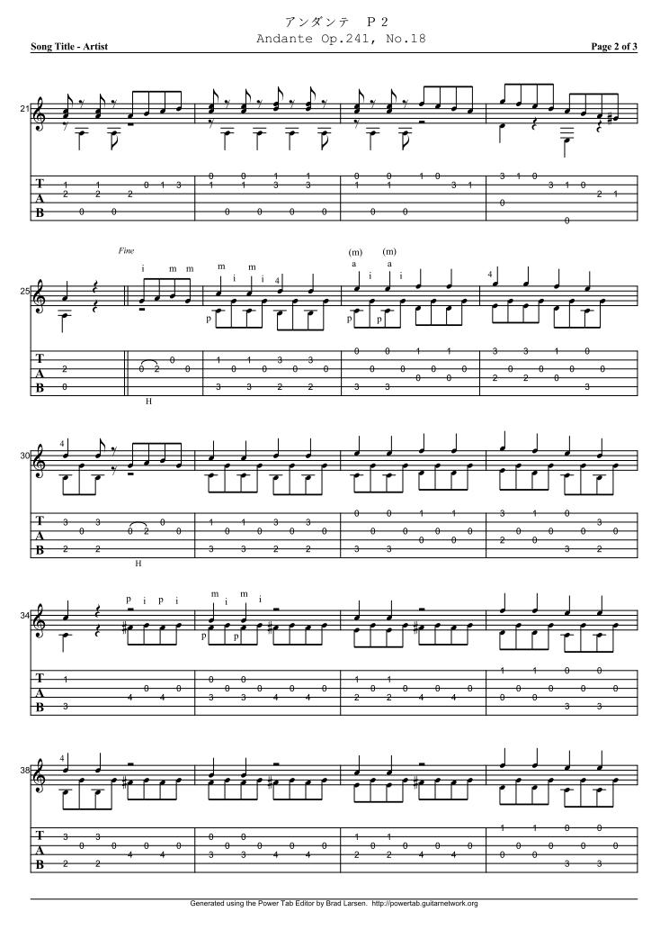  カルリ(F.Carulli)作曲のギター曲アンダンテ(Andante Op.241, No.18)のタブ譜・楽譜 No.2