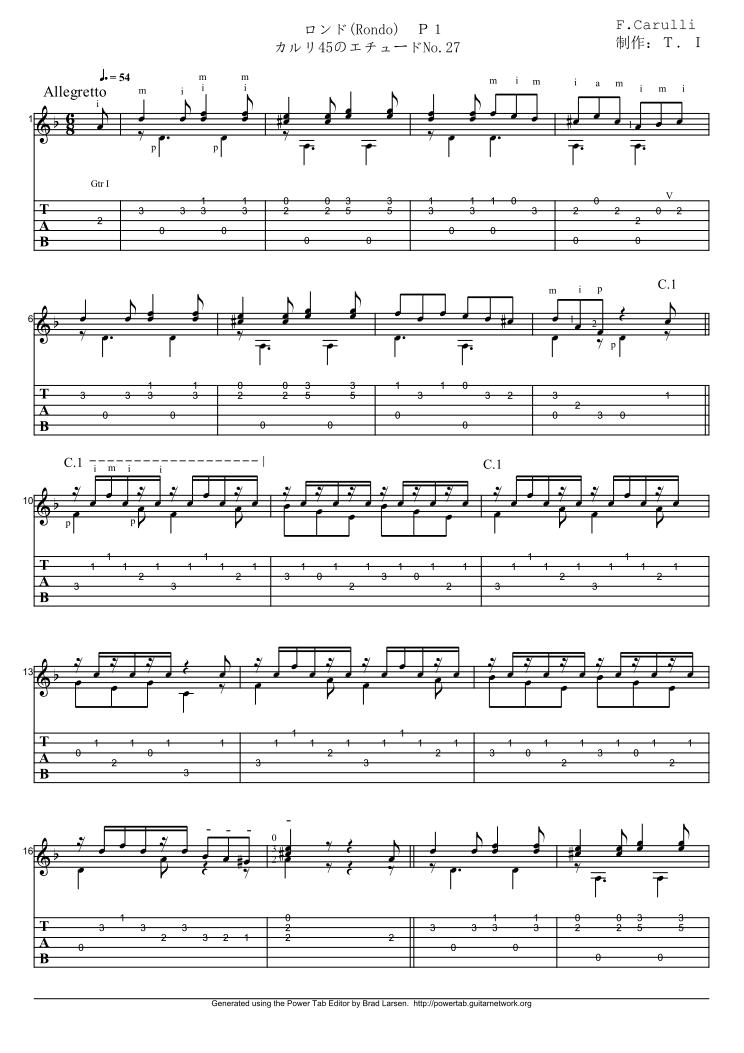 カルリ45のエチュードNo.27（ロンド）Allegretto-Etudes45 No.27-Carulliのタブ譜・楽譜01